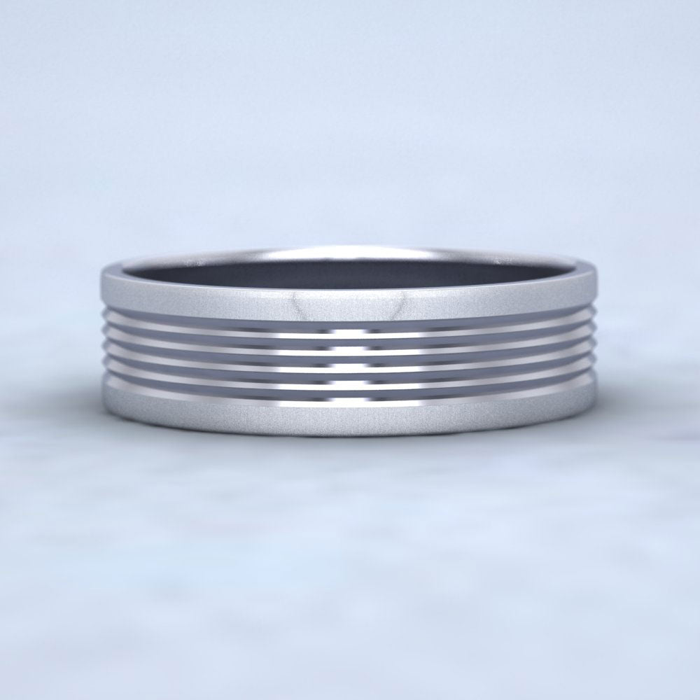 Grooved Pattern 9ct White Gold 6mm Flat Wedding Ring