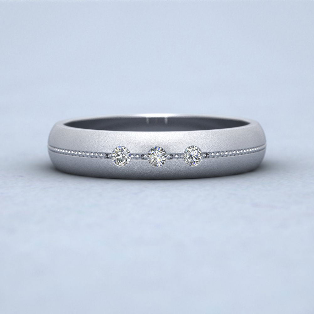 Three Diamond And Centre Millgrain Pattern 500 Palladium 4mm Wedding Ring Down View