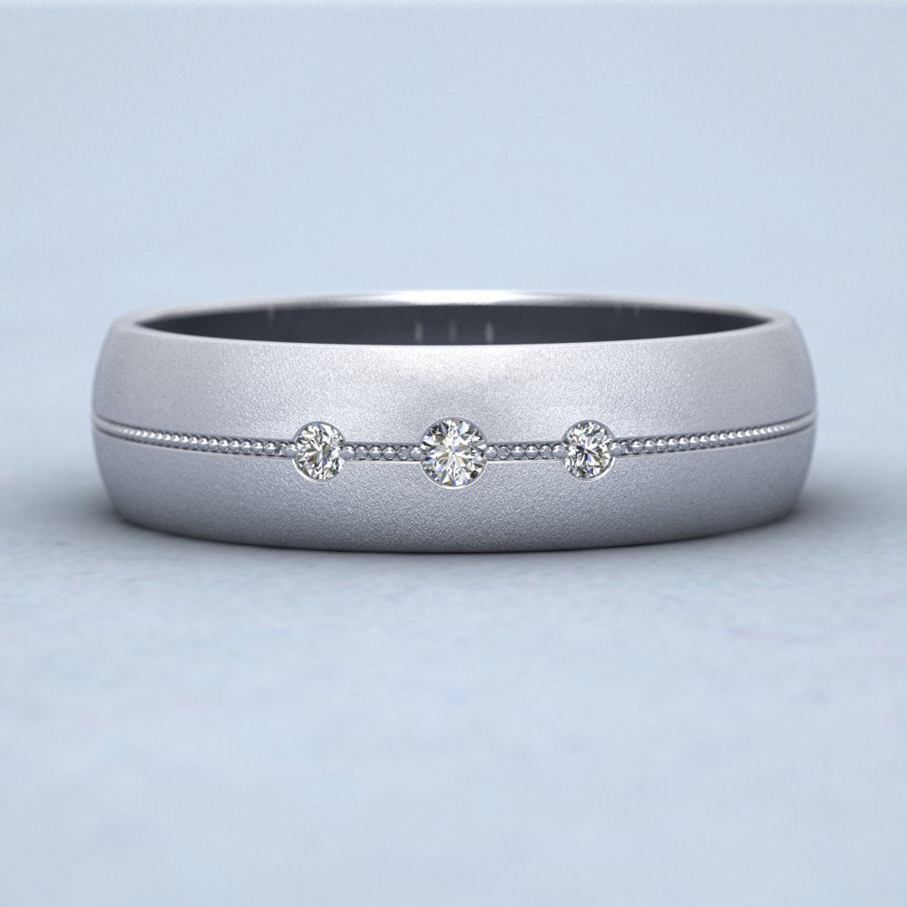 Three Diamond And Centre Millgrain Pattern 950 Platinum 6mm Wedding Ring Down View