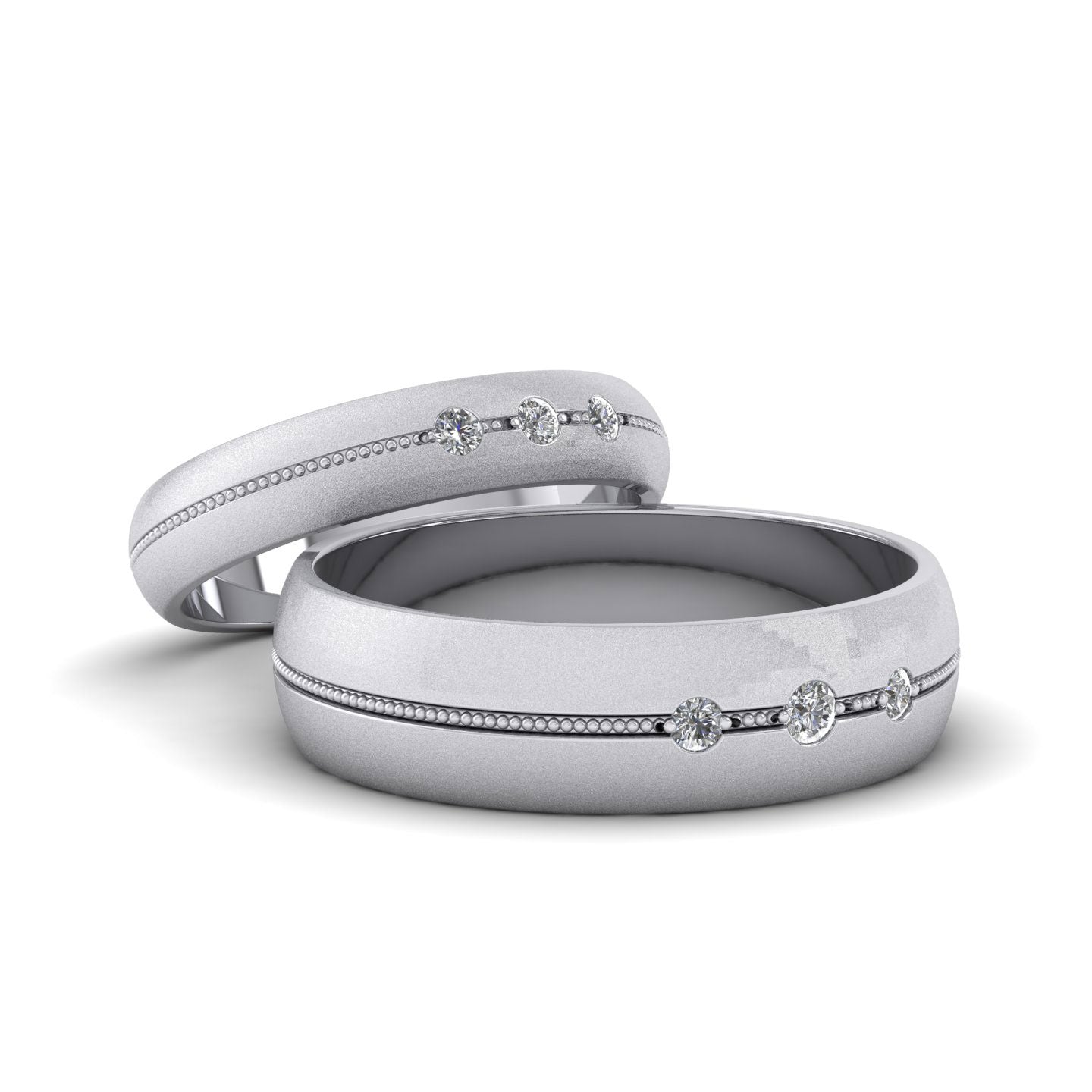 Three Diamond And Centre Millgrain Pattern 9ct White Gold 4mm Wedding Ring