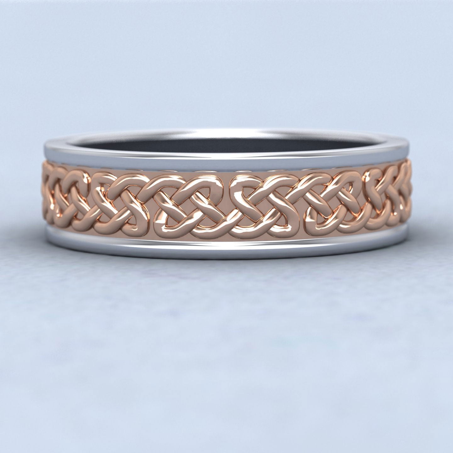 Celtic Patterned Two Colour Flat 9ct White Gold 6mm Wedding Ring