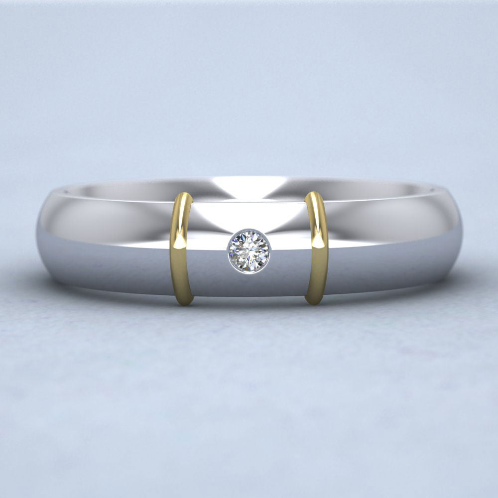 Two Colour Single Diamond Set 9ct White And Yellow Gold 5mm Wedding Ring With Wire Accent