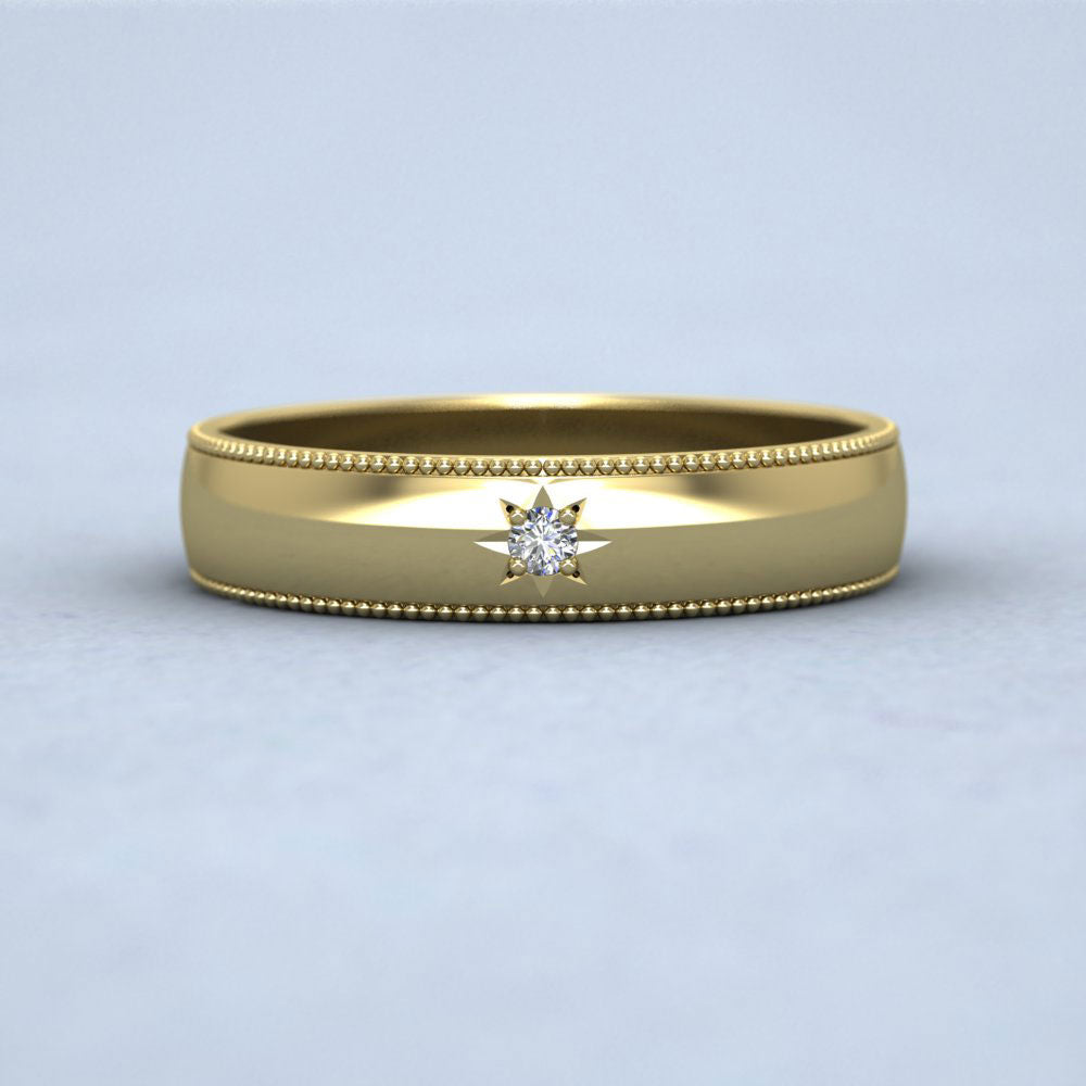 Millgrained Edge And Single Star Diamond Set 9ct Yellow Gold 4mm Wedding Ring Down View