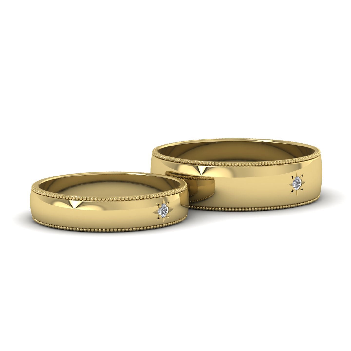Millgrained Edge And Single Star Diamond Set 14ct Yellow Gold 4mm Wedding Ring