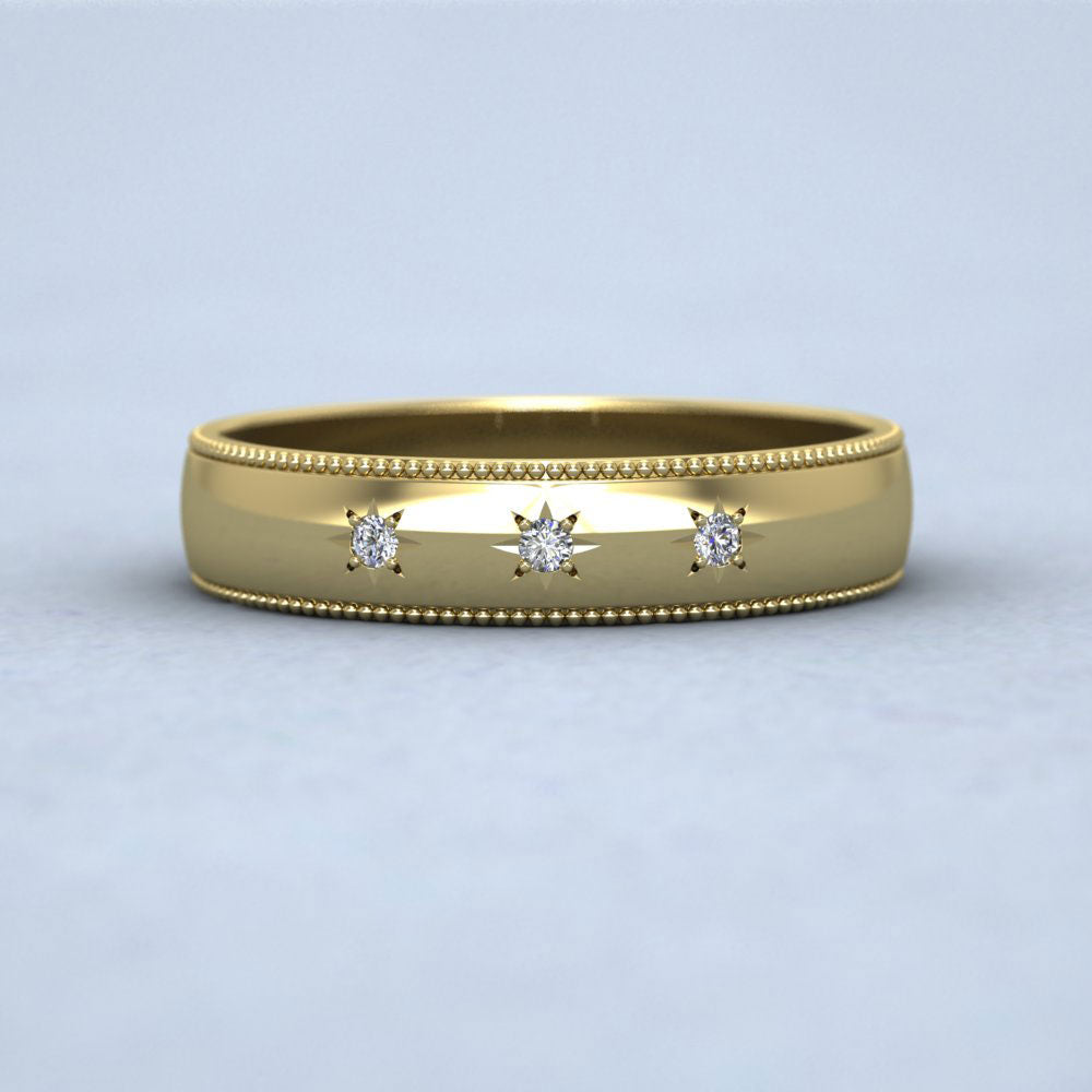 Millgrained Edge And Three Star Diamond Set 14ct Yellow Gold 4mm Wedding Ring Down View