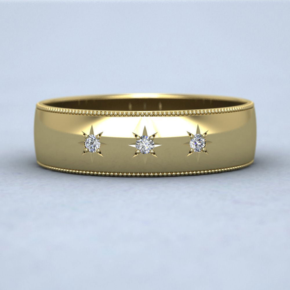 Millgrained Edge And Three Star Diamond Set 14ct Yellow Gold 6mm Wedding Ring Down View