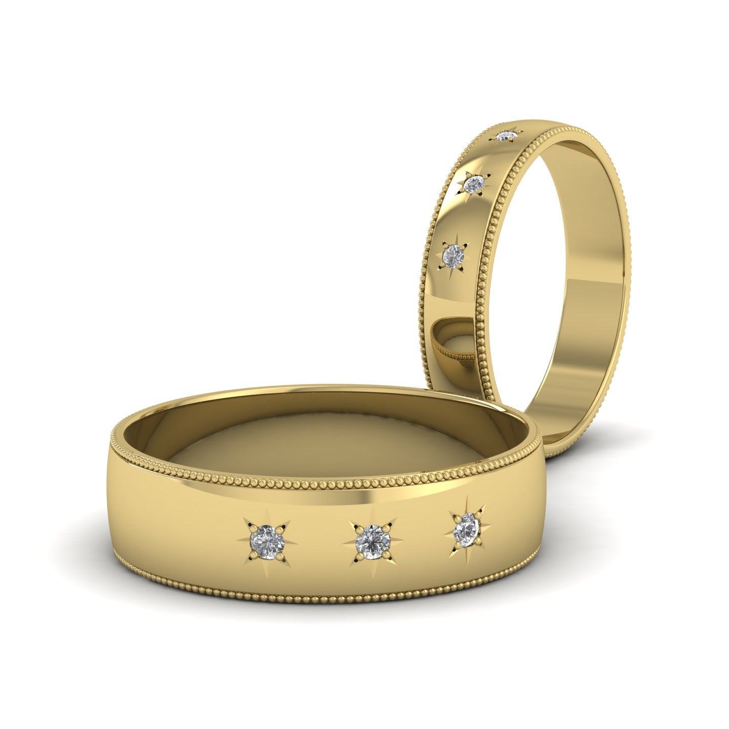 Millgrained Edge And Three Star Diamond Set 14ct Yellow Gold 4mm Wedding Ring