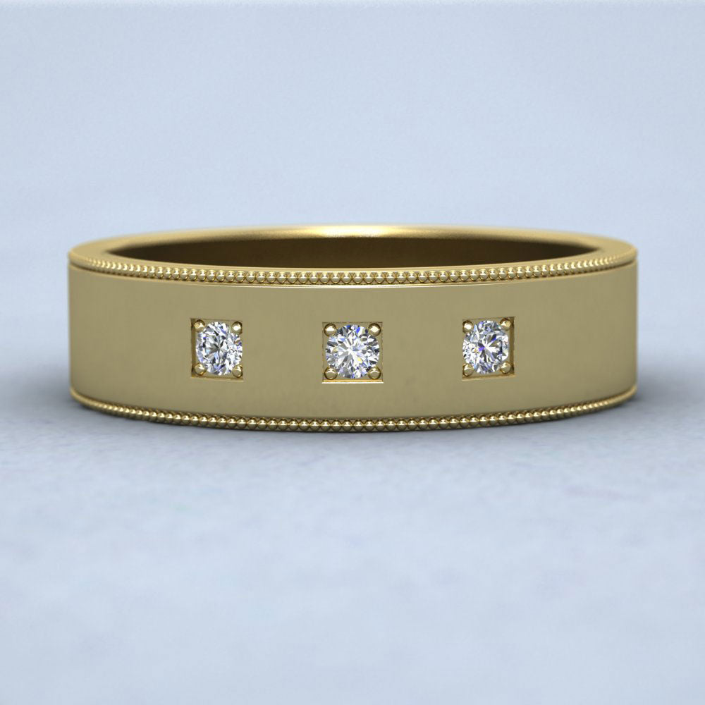 Three Diamonds With Square Setting 9ct Yellow Gold 6mm Wedding Ring With Millgrain Edge Down View
