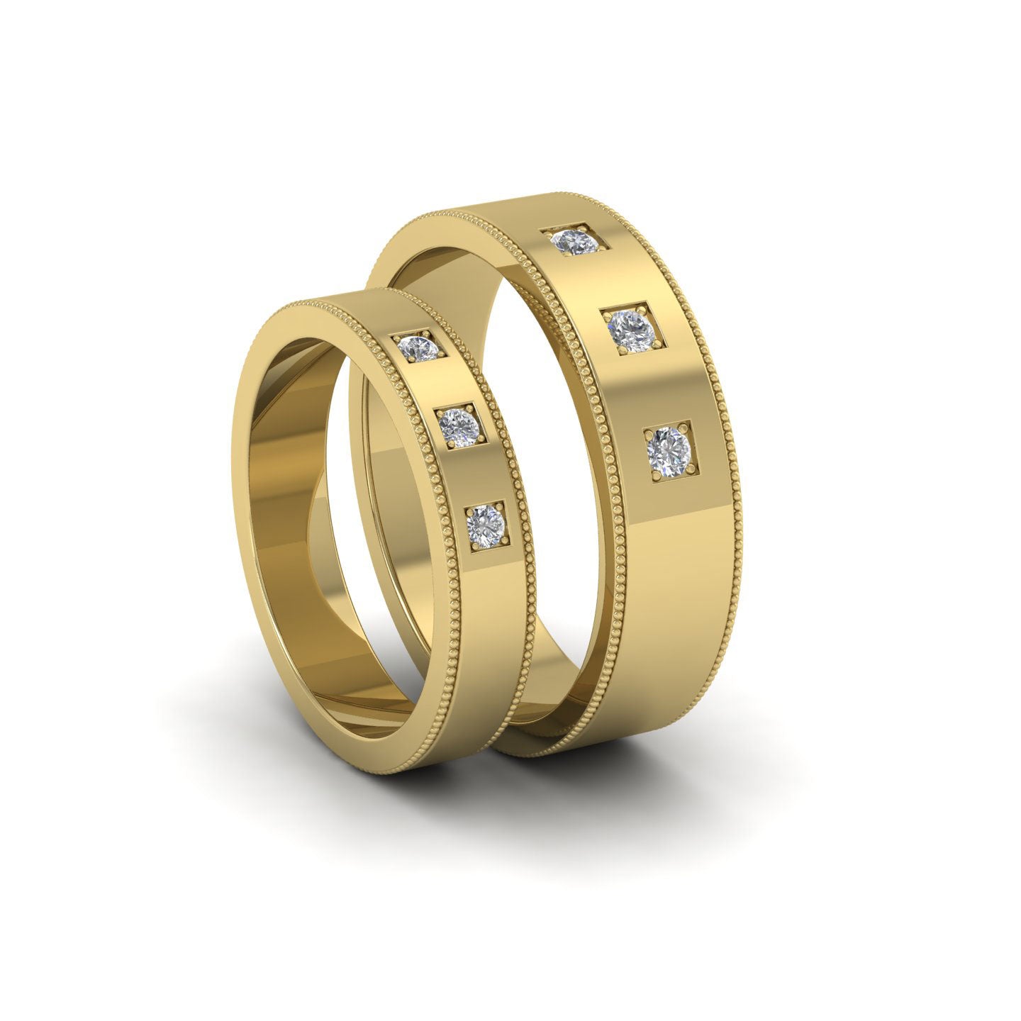 Three Diamonds With Square Setting 18ct Yellow Gold 6mm Wedding Ring With Millgrain Edge