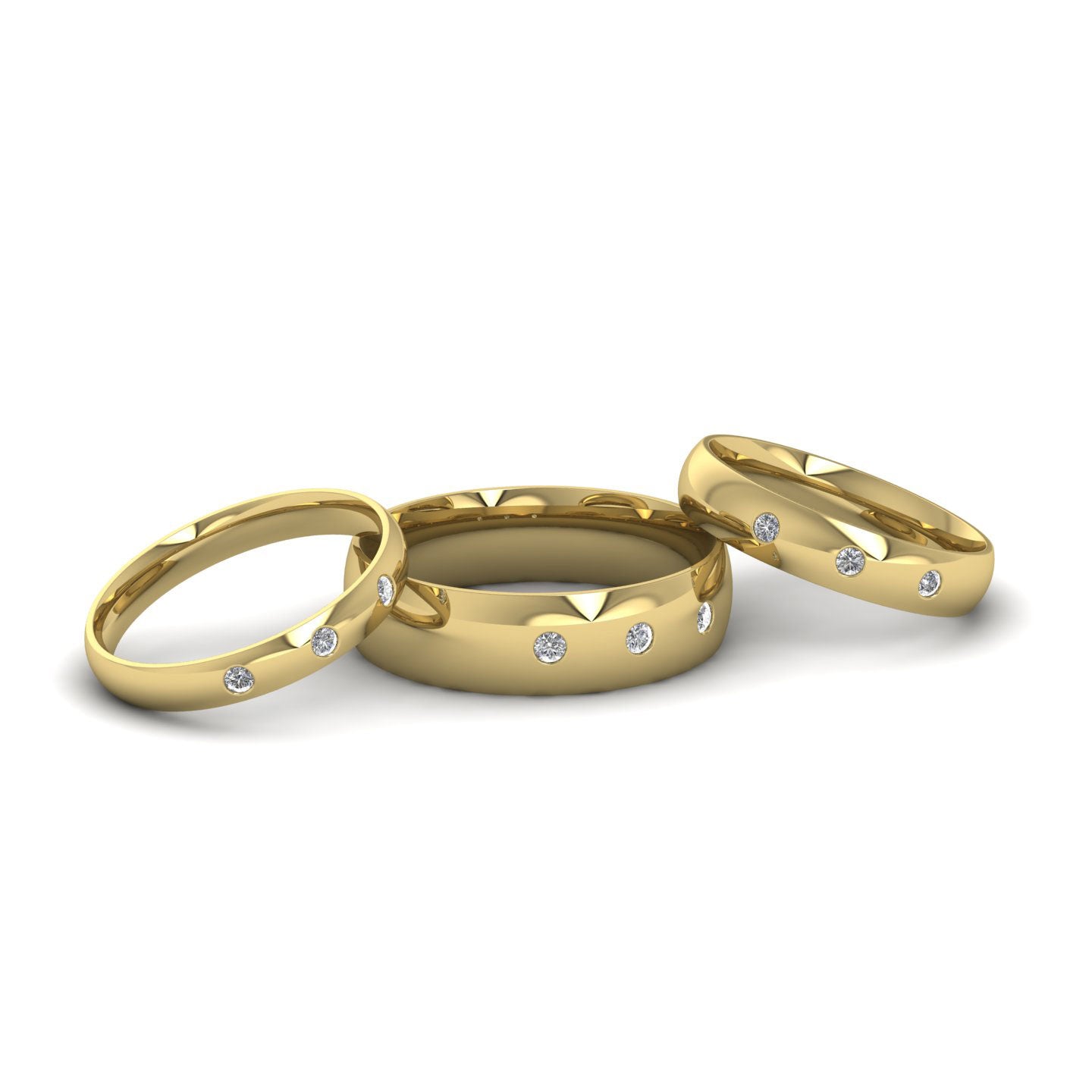 Three Diamond Flush Set 9ct Yellow Gold 6mm Wedding Ring