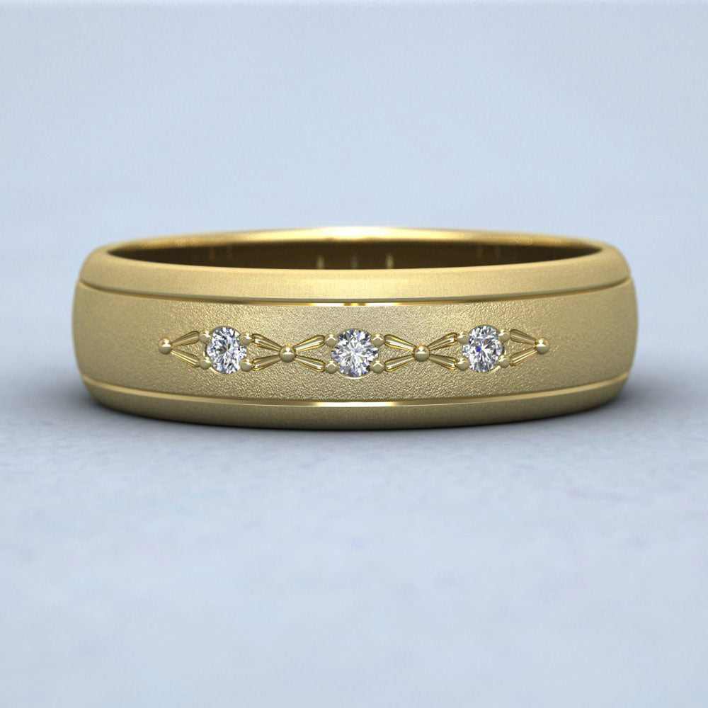 Three Diamond Set 9ct Yellow Gold 6mm Wedding Ring With Lines Down View