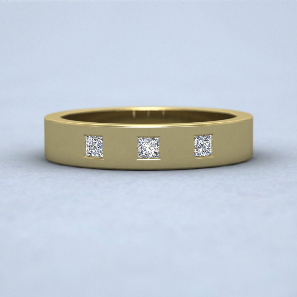 Three Stone Princess Cut Diamond Set 9ct Yellow Gold 4mm Wedding Ring