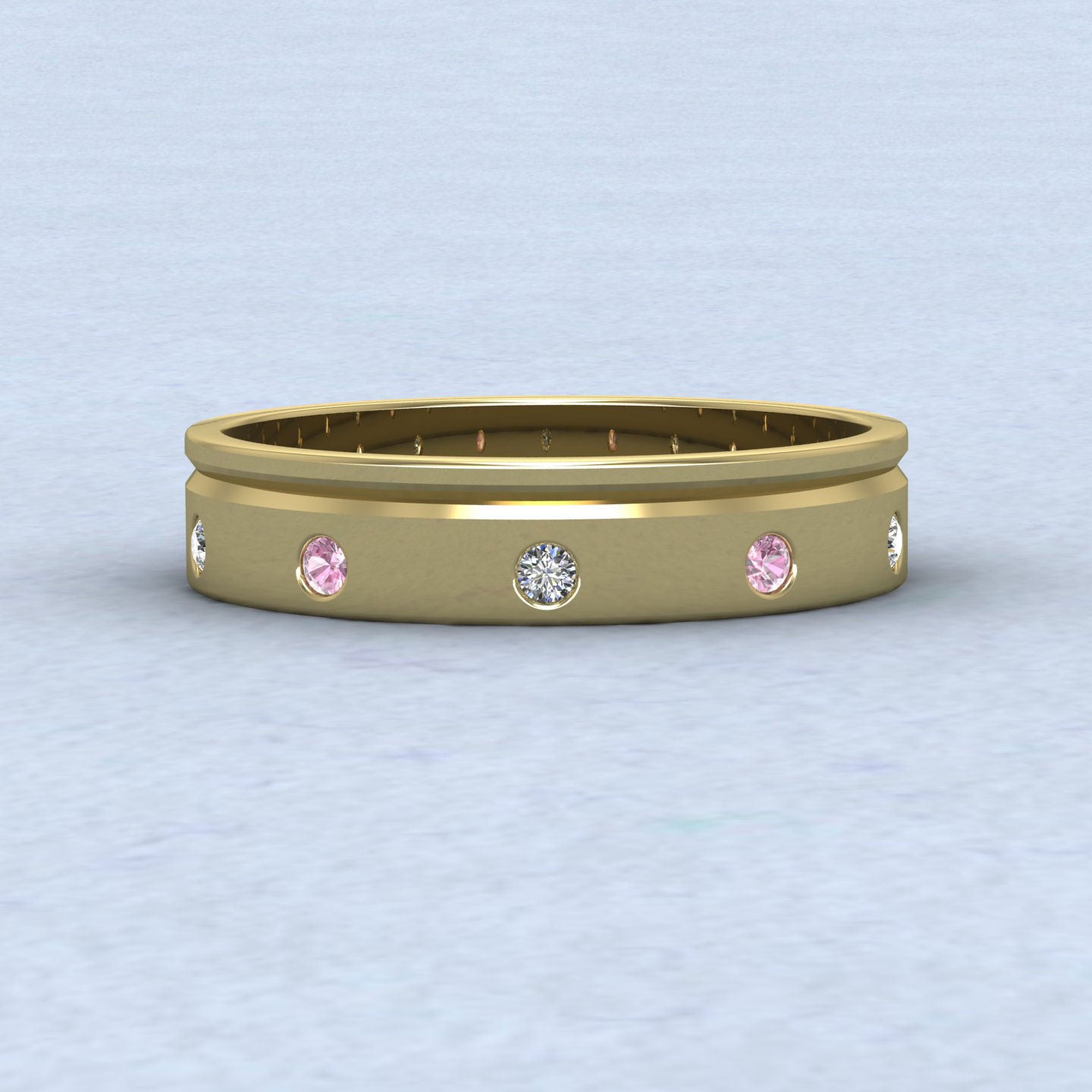 Diamond And Pink Sapphire Set 9ct Yellow Gold 4mm Wedding Ring
