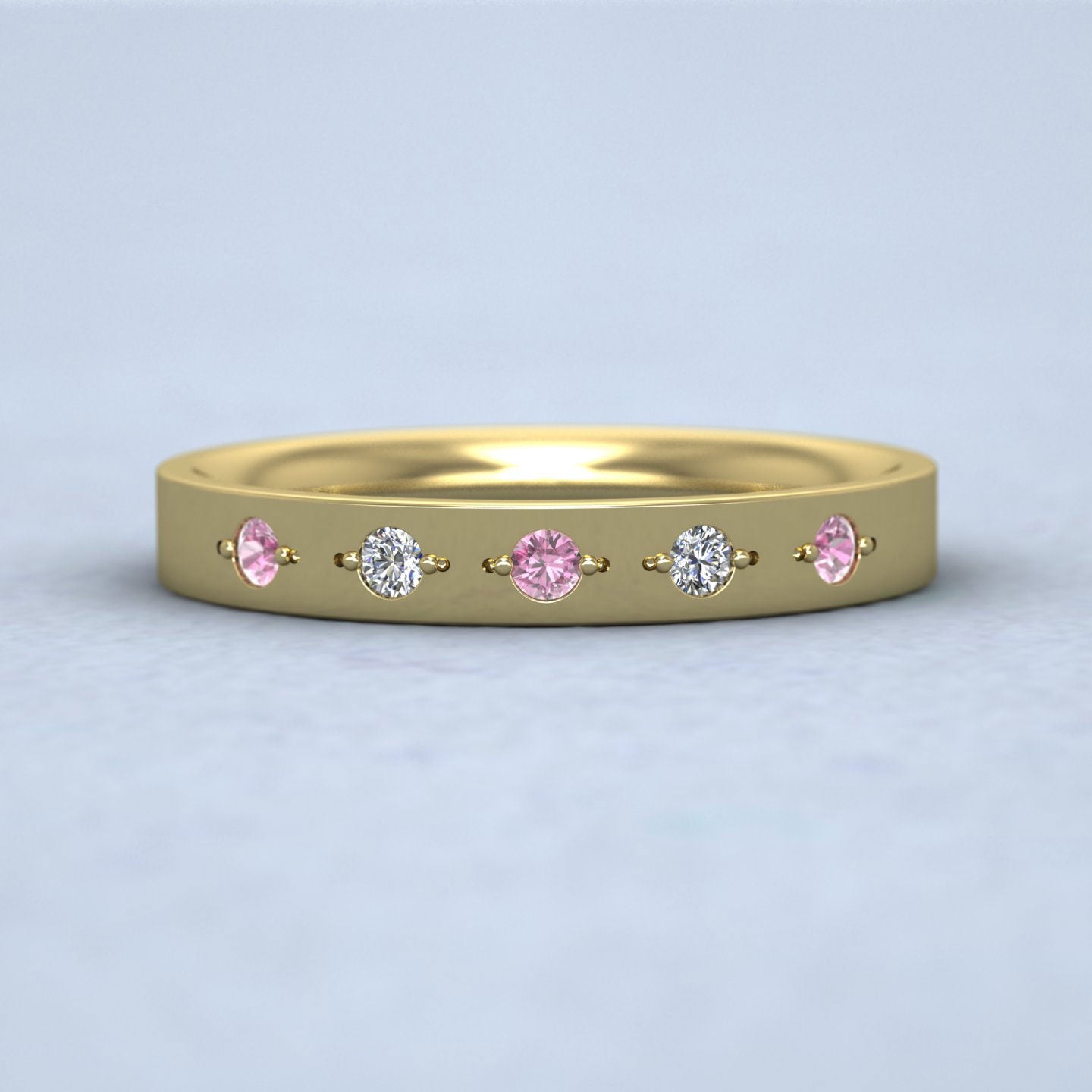 Diamond And Pink Sapphire Set 14ct Yellow Gold 3mm Wedding Ring