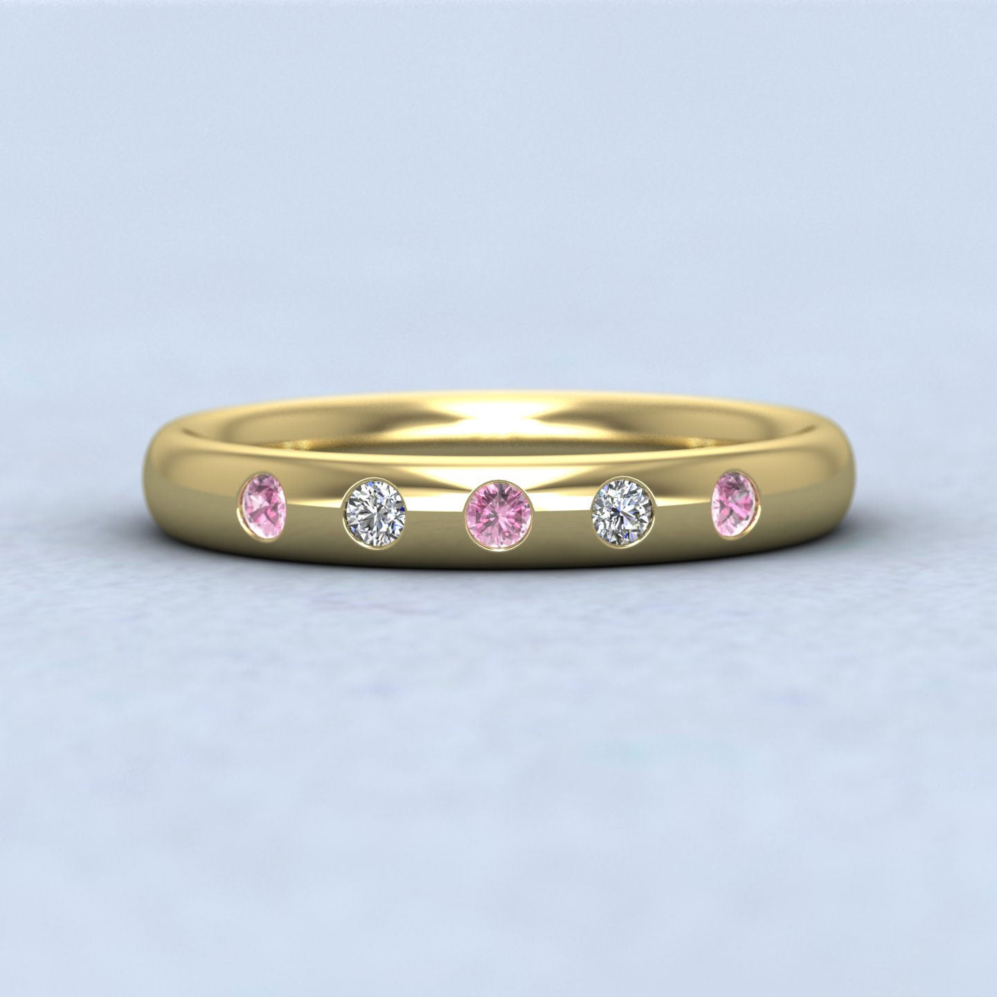 Pink Sapphire And Diamond Flush Set 14ct Yellow Gold 3mm Wedding Ring