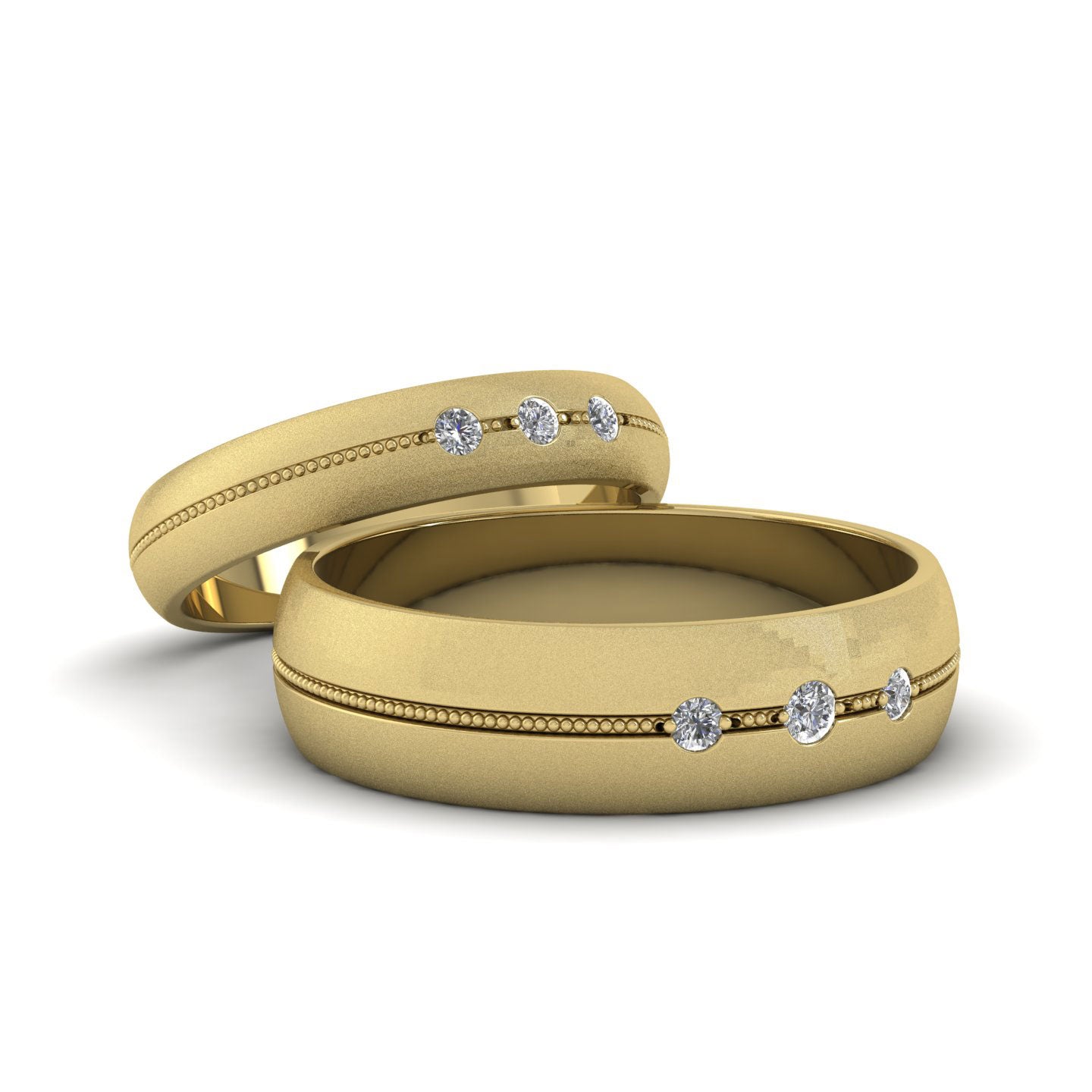 Three Diamond And Centre Millgrain Pattern 9ct Yellow Gold 4mm Wedding Ring