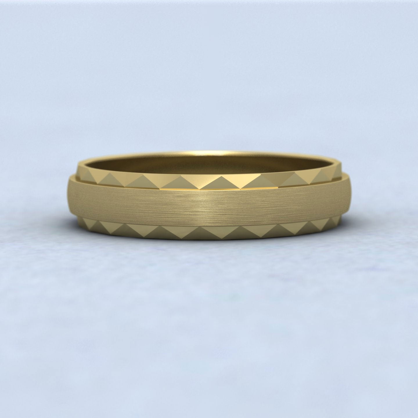Flat Edge Facetted Cut Patterned And Matt Finish 9ct Yellow Gold 4mm Wedding Ring Down View