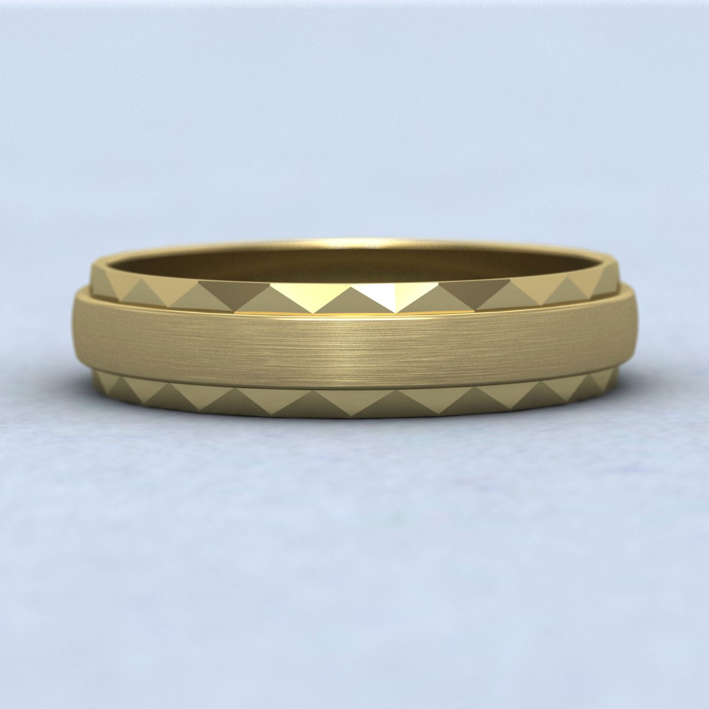 Flat Edge Facetted Cut Patterned And Matt Finish 14ct Yellow Gold 5mm Wedding Ring Down View