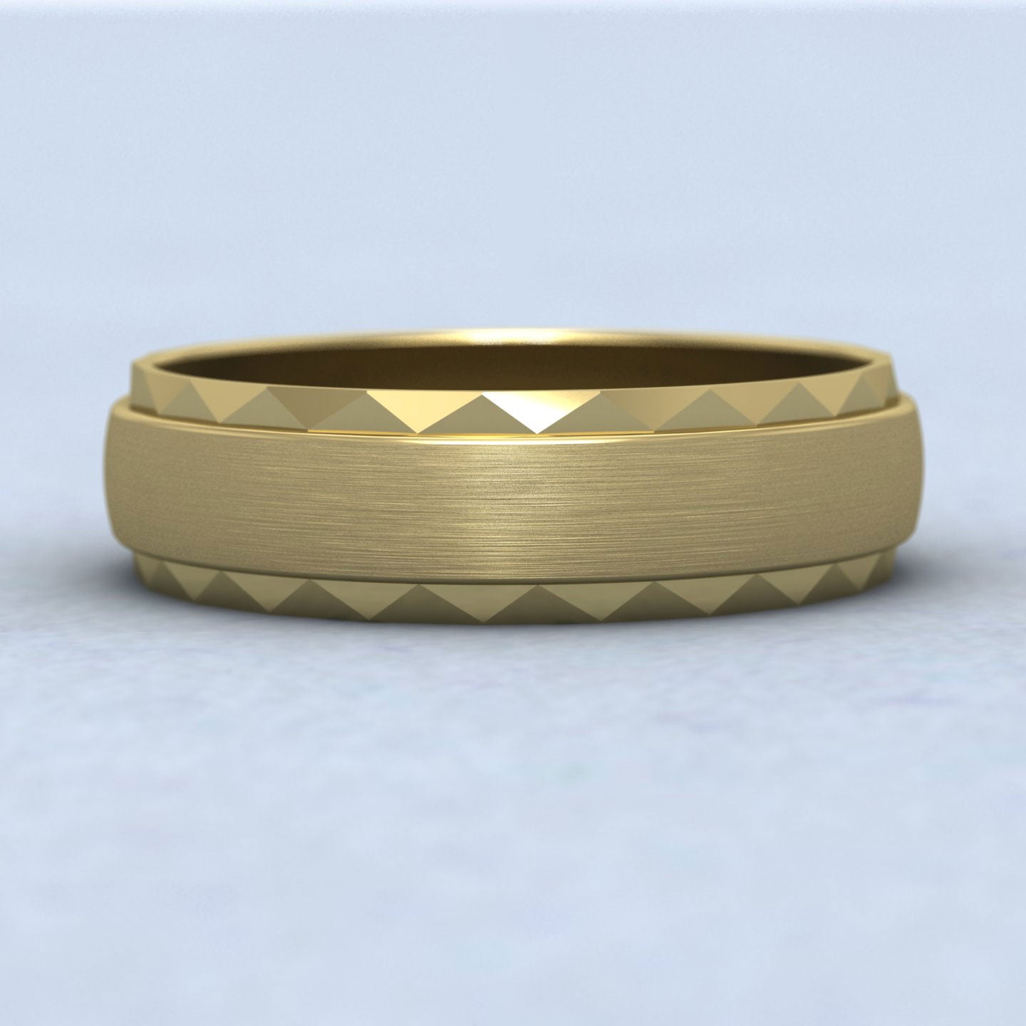 Flat Edge Facetted Cut Patterned And Matt Finish 14ct Yellow Gold 6mm Wedding Ring Down View