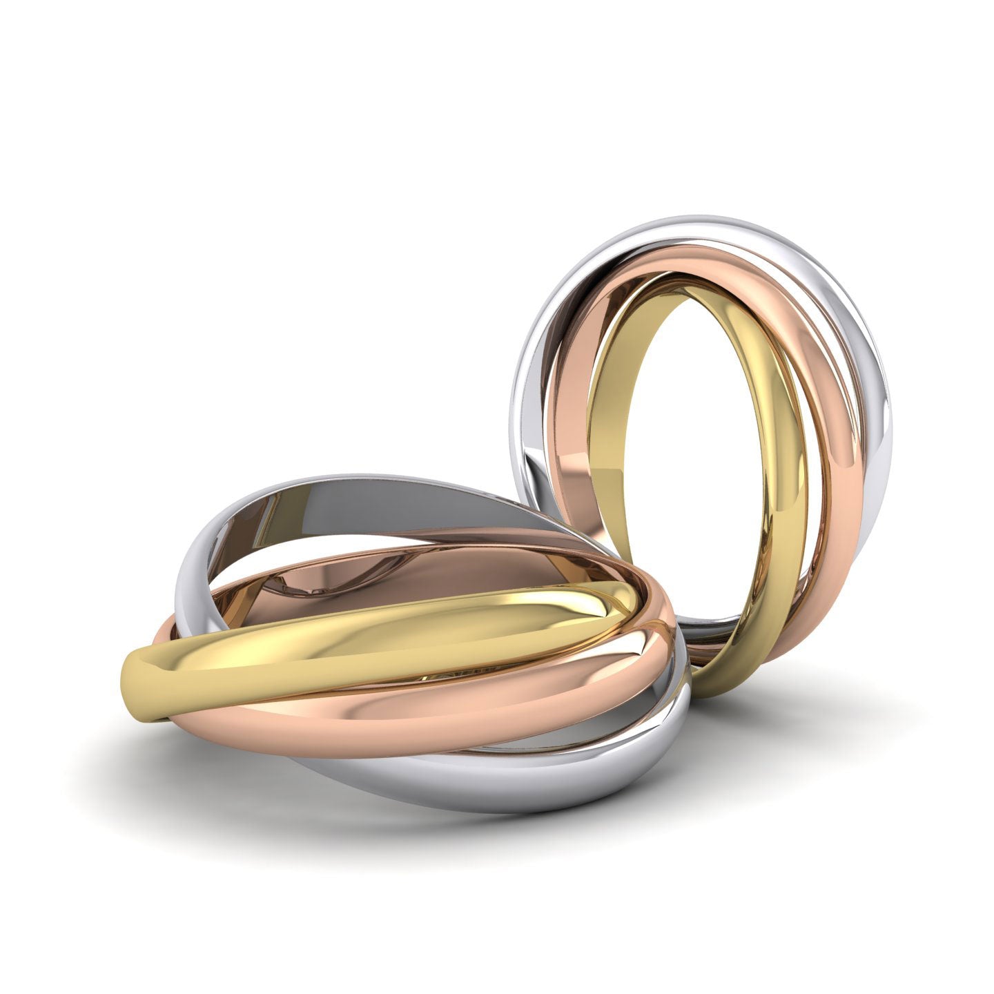 Three Colour 2mm Interlocking Wedding Rings In 18ct Yellow, White And Rose Gold Group