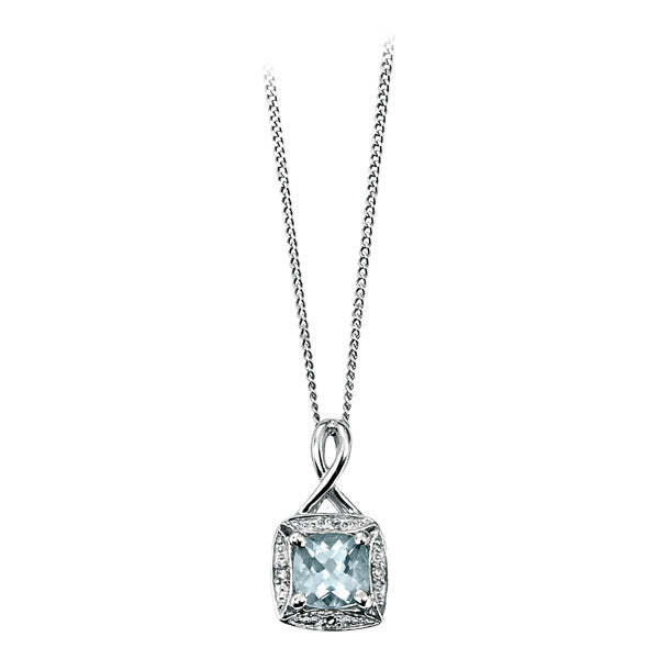 9ct White Gold Aquamarine And Diamond Set Cushion Pendant