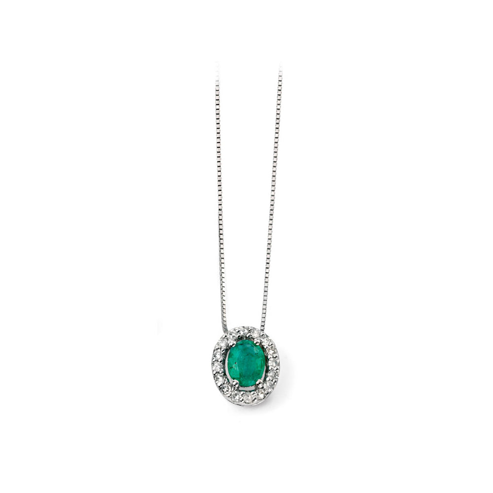 9ct White Gold Emerald And Diamond Oval Pendant