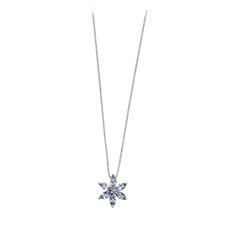 9ct White Gold Tanzanite And Diamond Flower Pendant