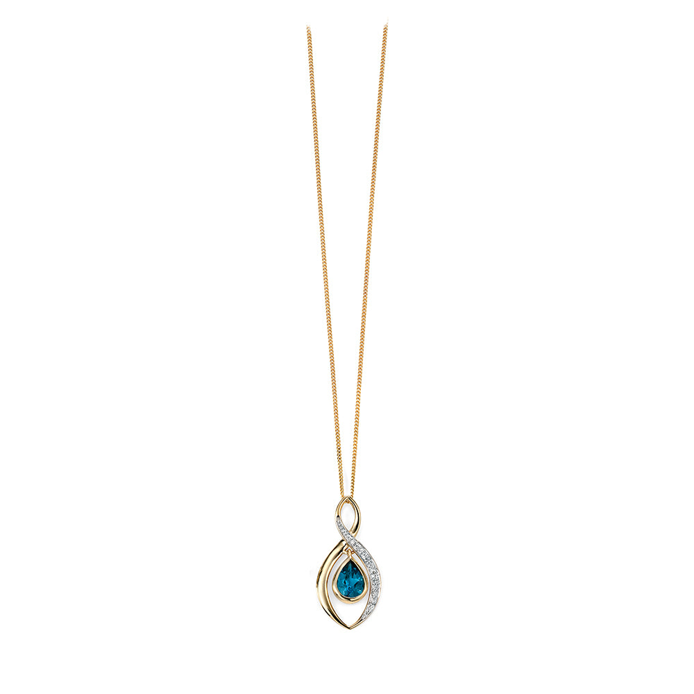 9ct Yellow Gold Blue Topaz And Diamond Twirl Pendant