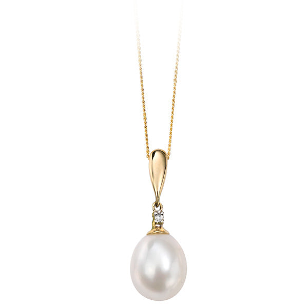 9ct Yellow Gold Pearl And Diamond Set Dropper Pendant