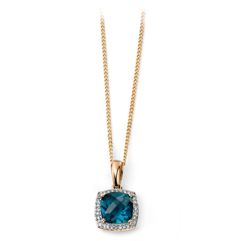 9ct Yellow Gold Blue Topaz And Diamond Set Pendant