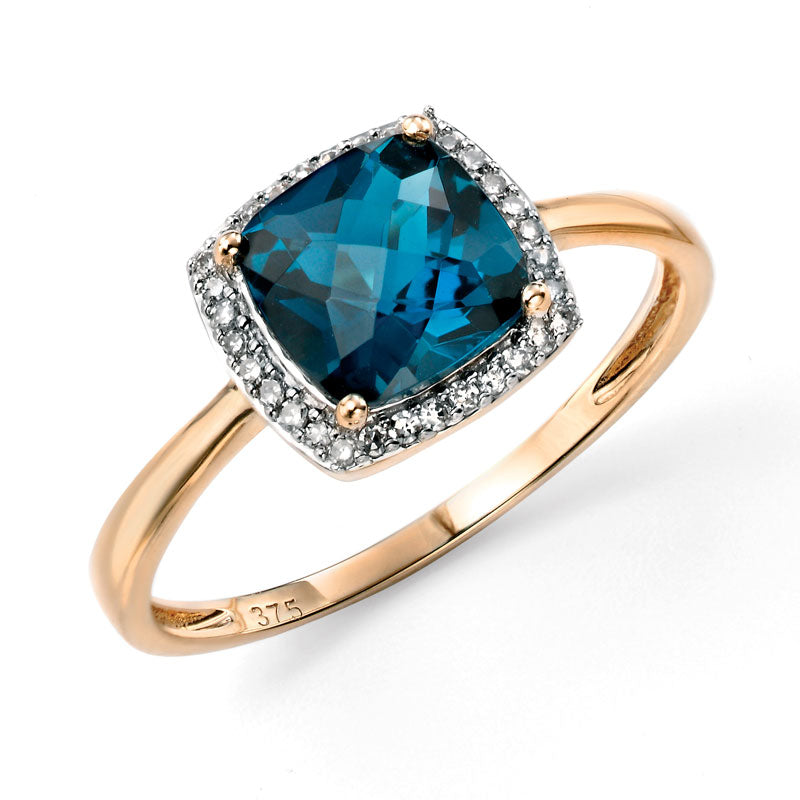 9ct Yellow Gold Blue Topaz And Diamond Set Cushion Shape Dress Ring