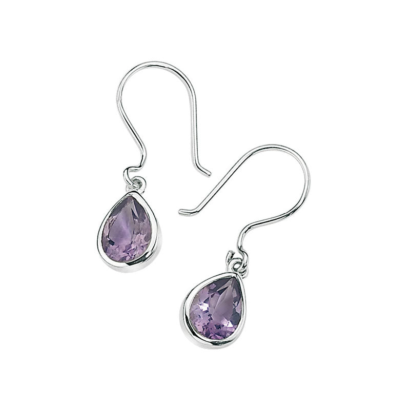 Dangling Hook Earrings Set With Teardrop Shaped Amethysts In Sterling Silver