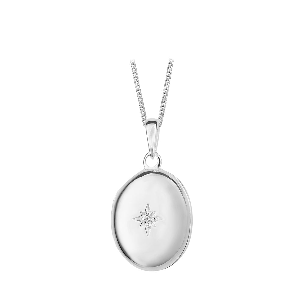 Sterling Silver Oval Locket With A Star set Cubic Zirconia