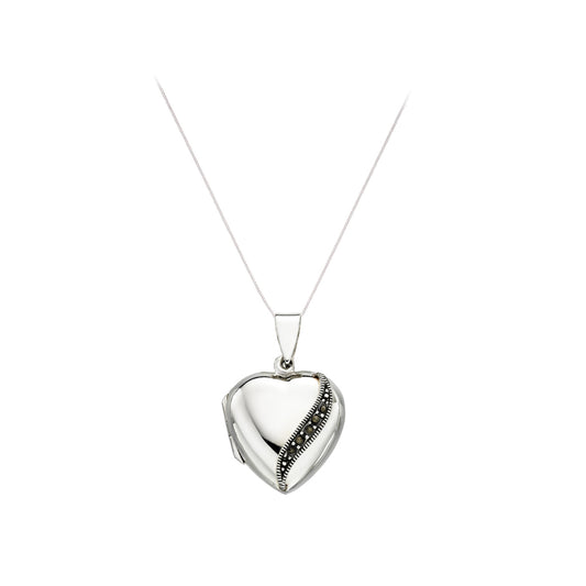 Patterned And Marcasite Set Sterling Silver Heart Locket In Sterling Silver