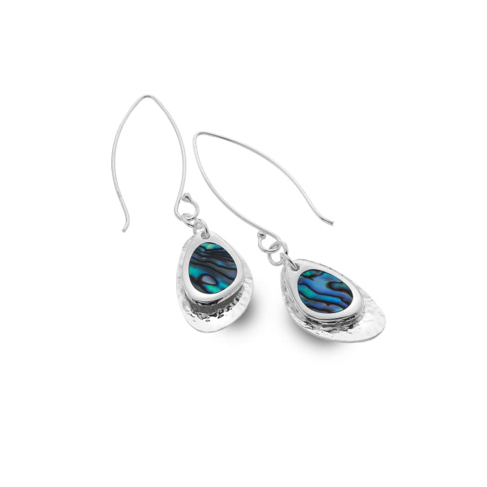 Silver Dangling Hook Double Pebble Charm Earrings Set With Paua Shell.