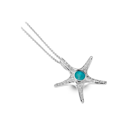 Silver Turquoise Set Patterned Starfish Pendant