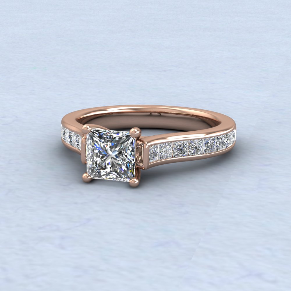 18ct Rose Gold Four Claw Princess Cut Diamond Ring With Shoulder Stones