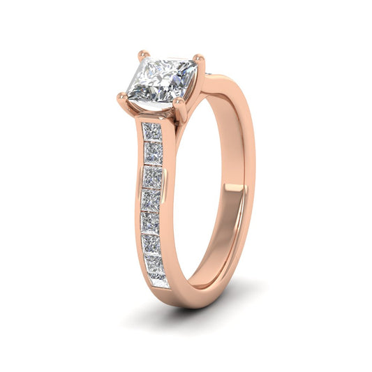 18ct Rose Gold Four Claw Princess Cut Diamond Ring With Shoulder Stones