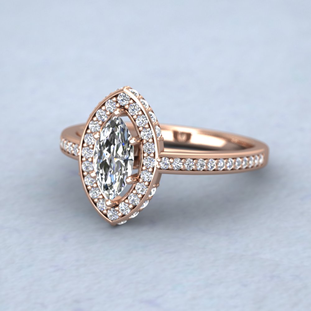 18ct Rose Gold Claw Set Marquise Diamond And Pave Shoulder Set Ring