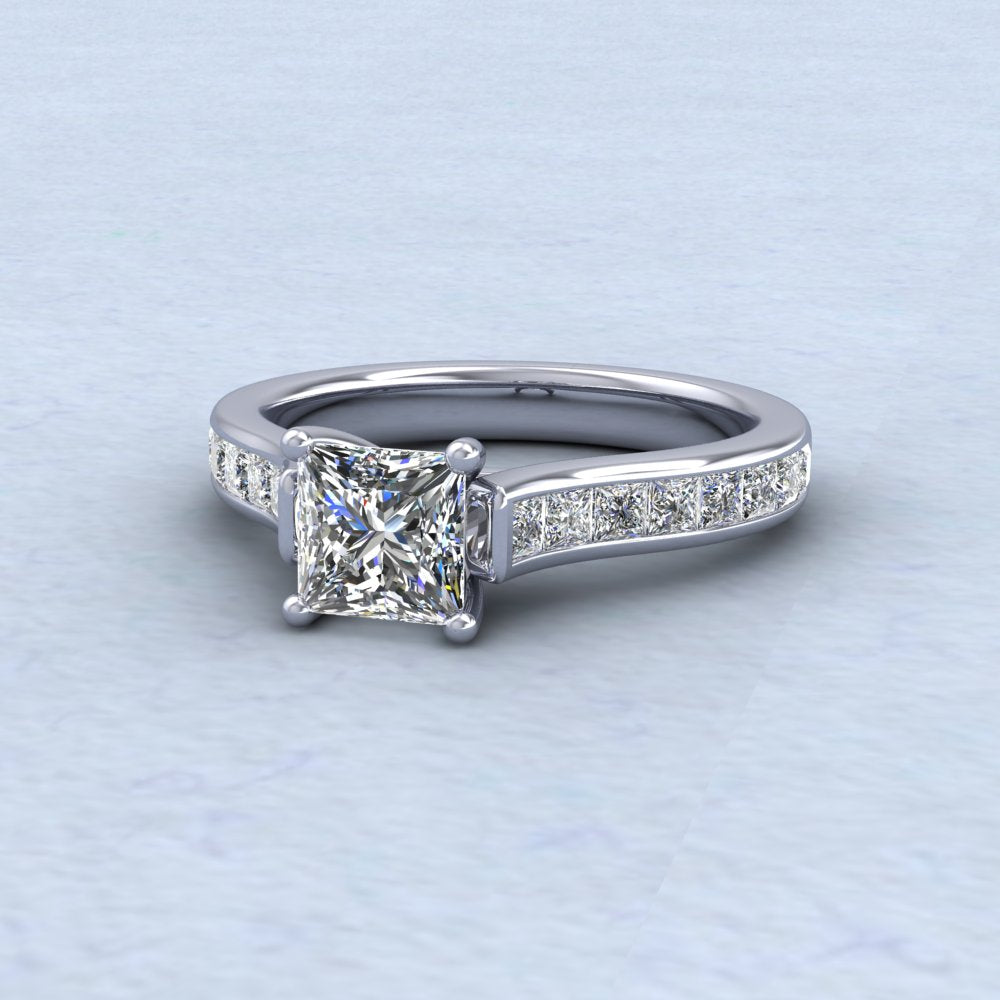 Platinum Four Claw Princess Cut Diamond Ring With Shoulder Stones