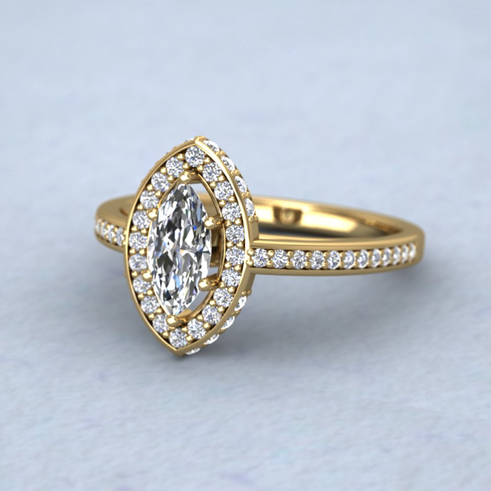 18ct Yellow Gold Claw Set Marquise Diamond And Pave Shoulder Set Ring