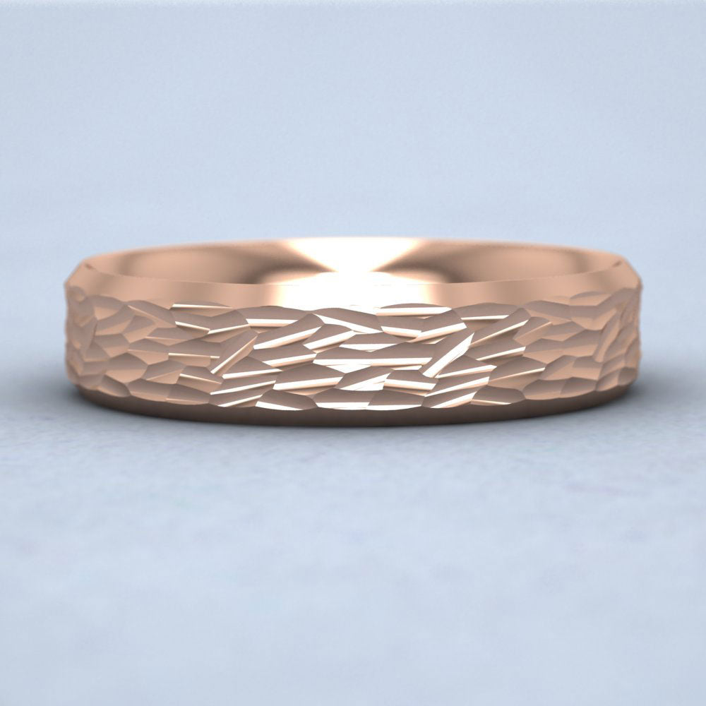 Bevelled Edge And Hammered Centre 18ct Rose Gold 5mm Wedding Ring Down View