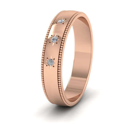 Millgrained Edge And Three Star Diamond Set 18ct Rose Gold 4mm Wedding Ring