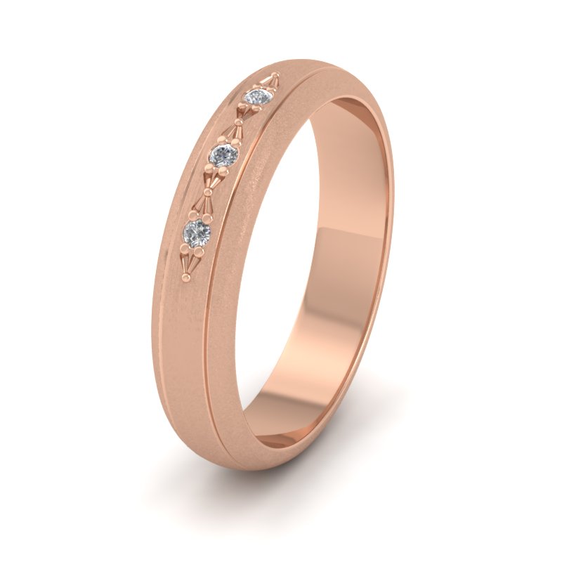 Three Diamond Set 9ct Rose Gold 4mm Wedding Ring With Lines
