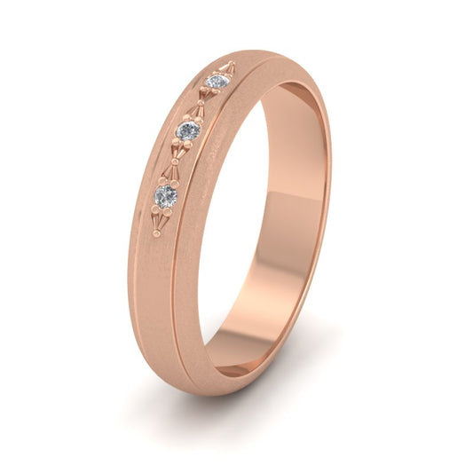 Three Diamond Set 18ct Rose Gold 4mm Wedding Ring With Lines