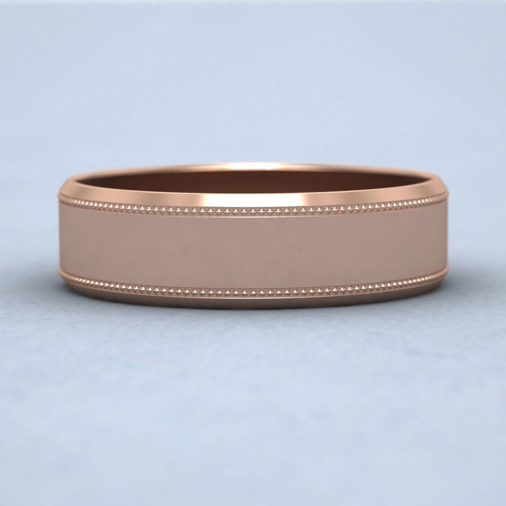Bevelled Edge And Millgrain Pattern 9ct Rose Gold 6mm Flat Wedding Ring Down View