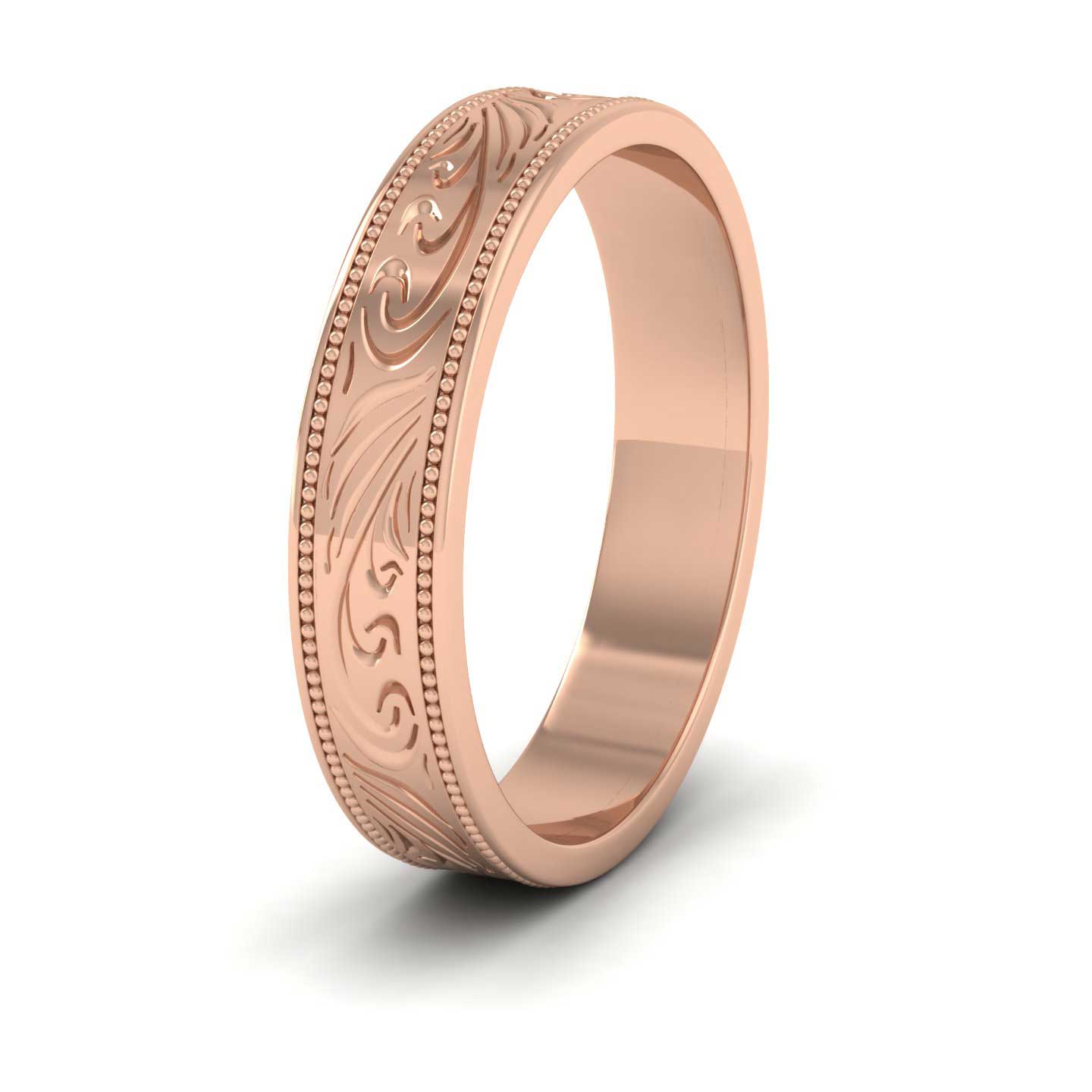 Engraved 9ct Rose Gold 4mm Flat Wedding Ring With Millgrain Edge