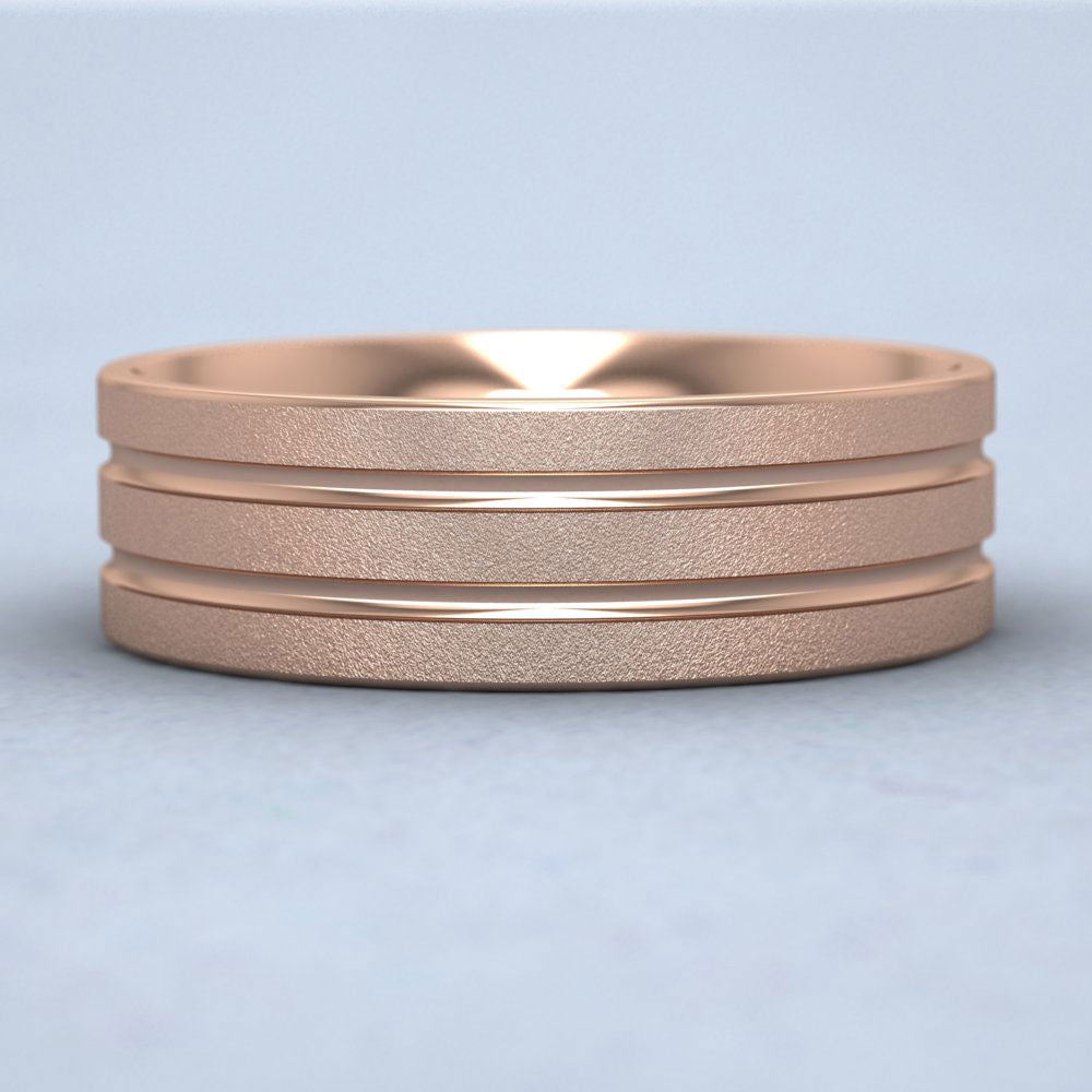Double Groove Pattern 18ct Rose Gold 7mm Wedding Ring Down View
