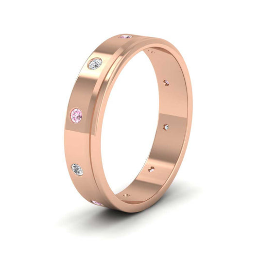 <p>18ct Rose Gold Diamond And Pink Sapphire Set Flat Line Patterned Wedding Ring.  4mm Wide </p>