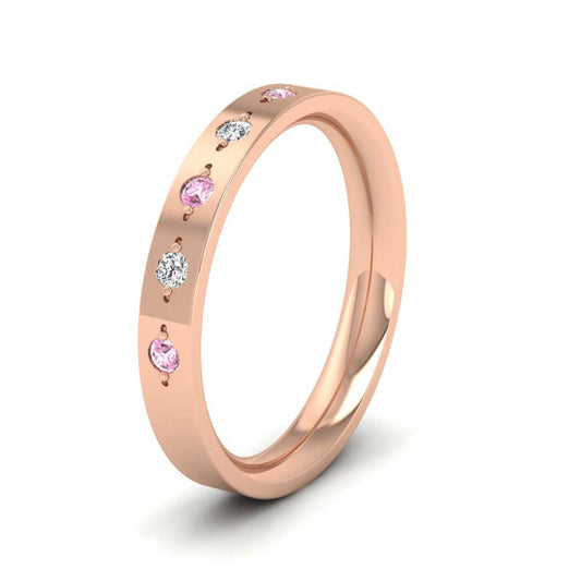 <p>18ct Rose Gold Diamond And Pink Sapphire Set Flat Wedding Ring.  3mm Wide And Court Shaped For Comfortable Fitting</p>